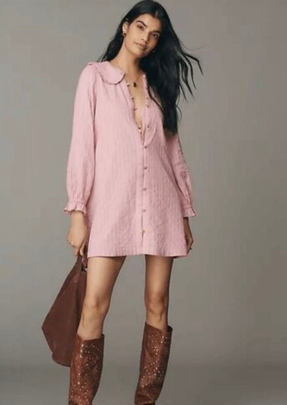 Anthropologie Pilcro Keira Mini Dress Pink Puff Sleeve Peter Pan Collar